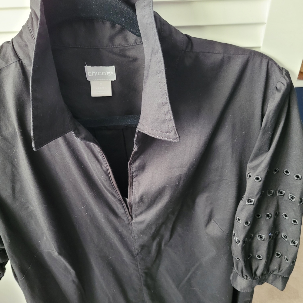 Chico's Black Casual Dress Eyelet Puff Sleeve Sz 3=16/XL. - Picture 12 of 16